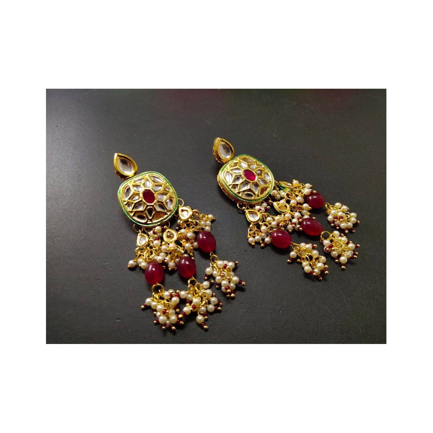 Kundan Earring Ruby Onyx Stone And White Pearls