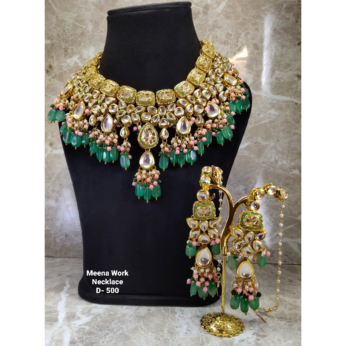 Kundan Golden Pearl Choker Green Stone with Earrings