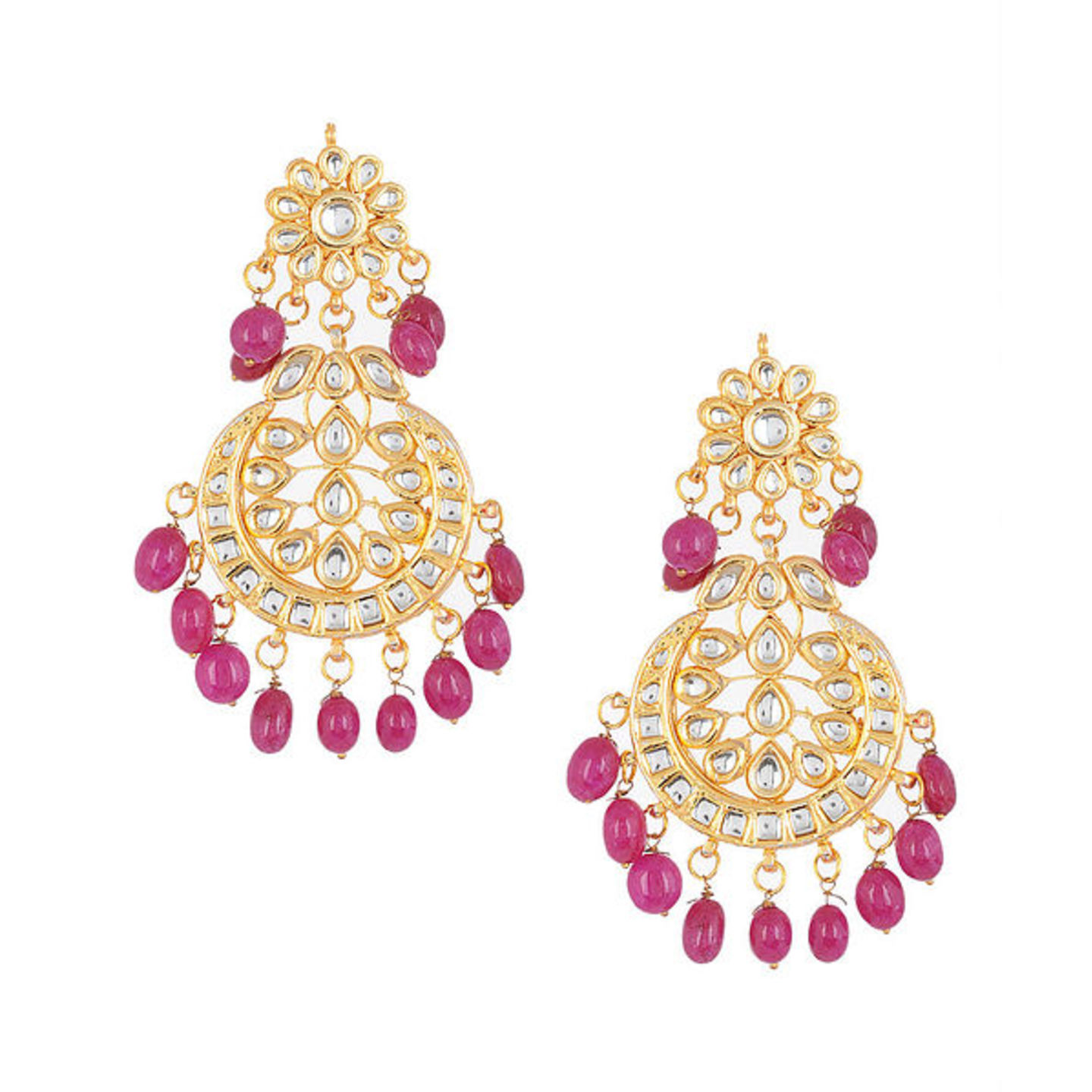 Pink Kundan-inspired Gold Tone Earrings with Floral Motif