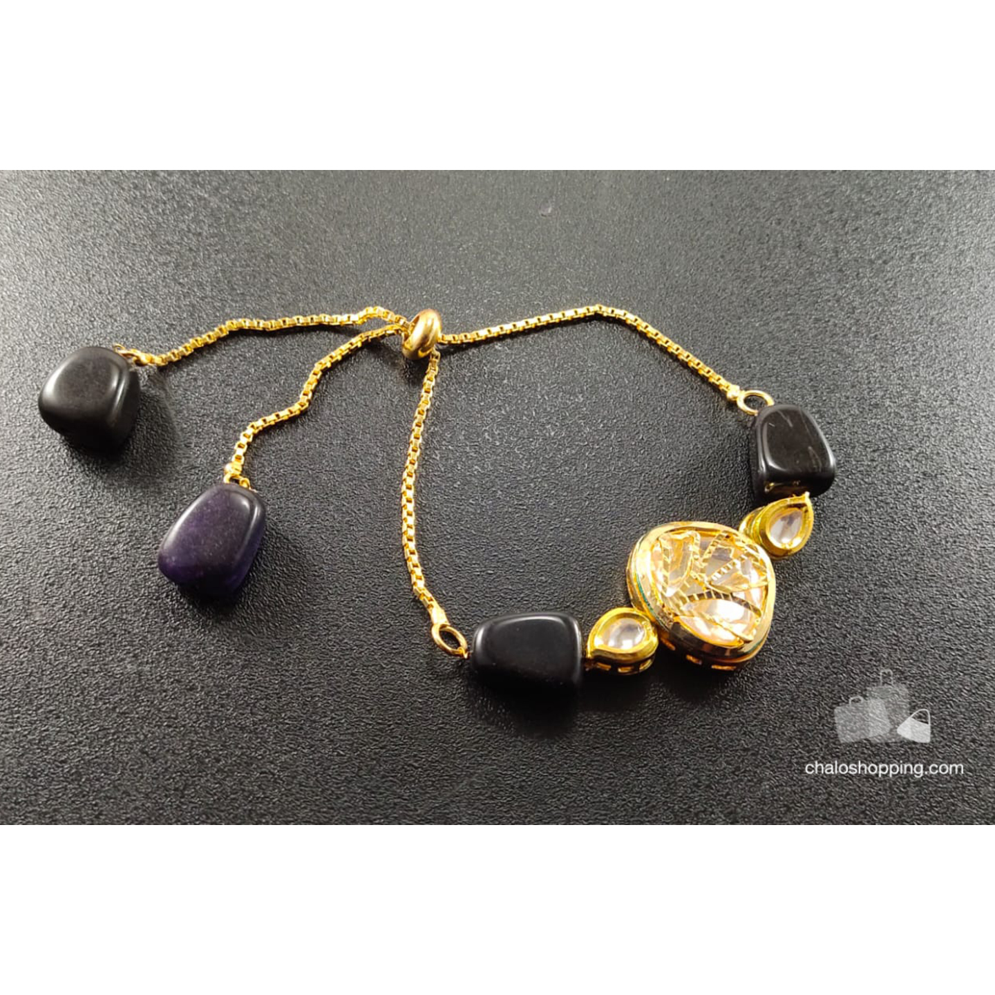 Onyx Stone Kundan Chain Bracelet - Purple
