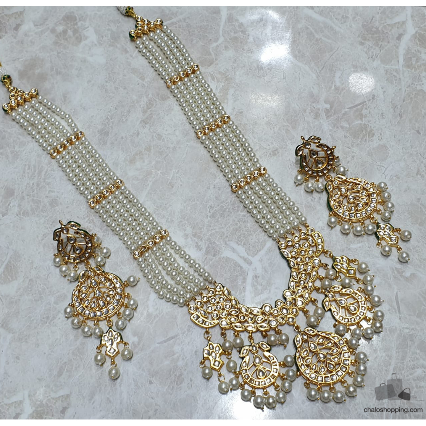 Faux Pearl Kundan Inspired Long Rani Haar Set With Earrings
