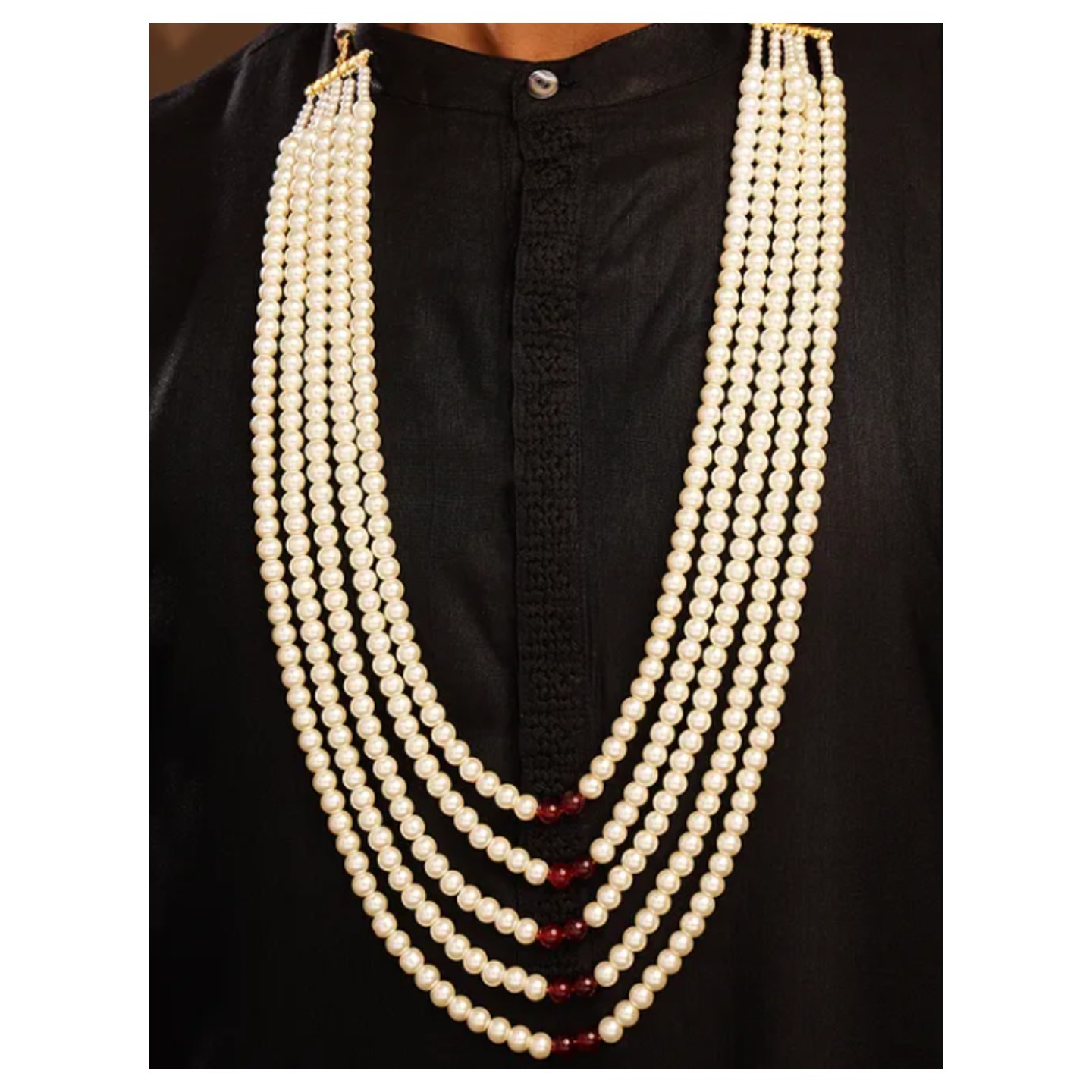 Maroon White Beaded Layered Necklace For Men