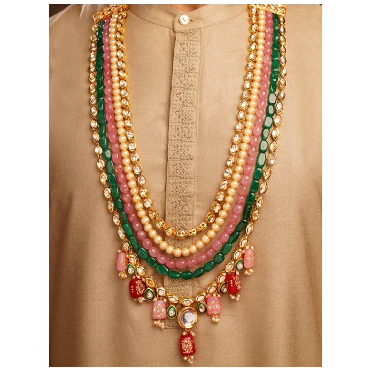 Multicolor Gold Tone Kundan Beaded Layered Necklace For Men