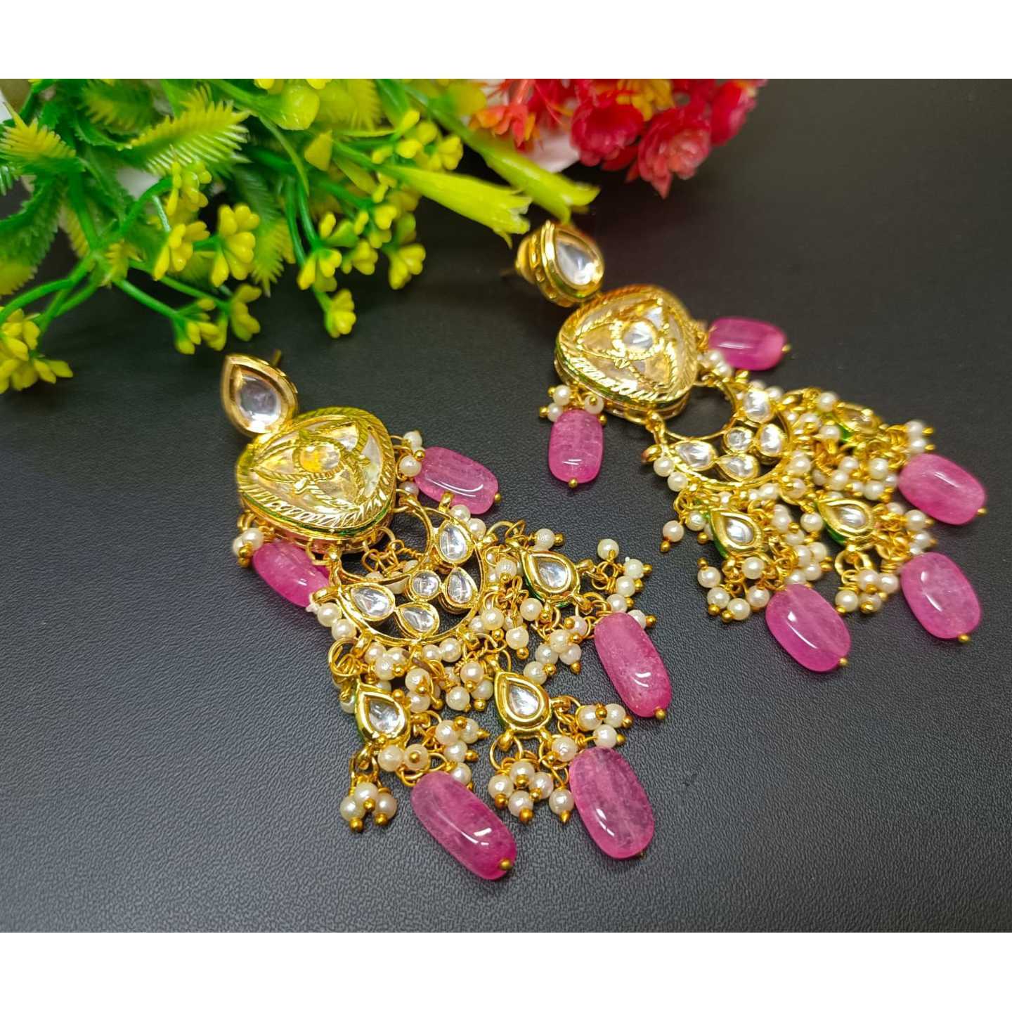 Light Pink  Gold Tone Kundan Earring Onyx Stone