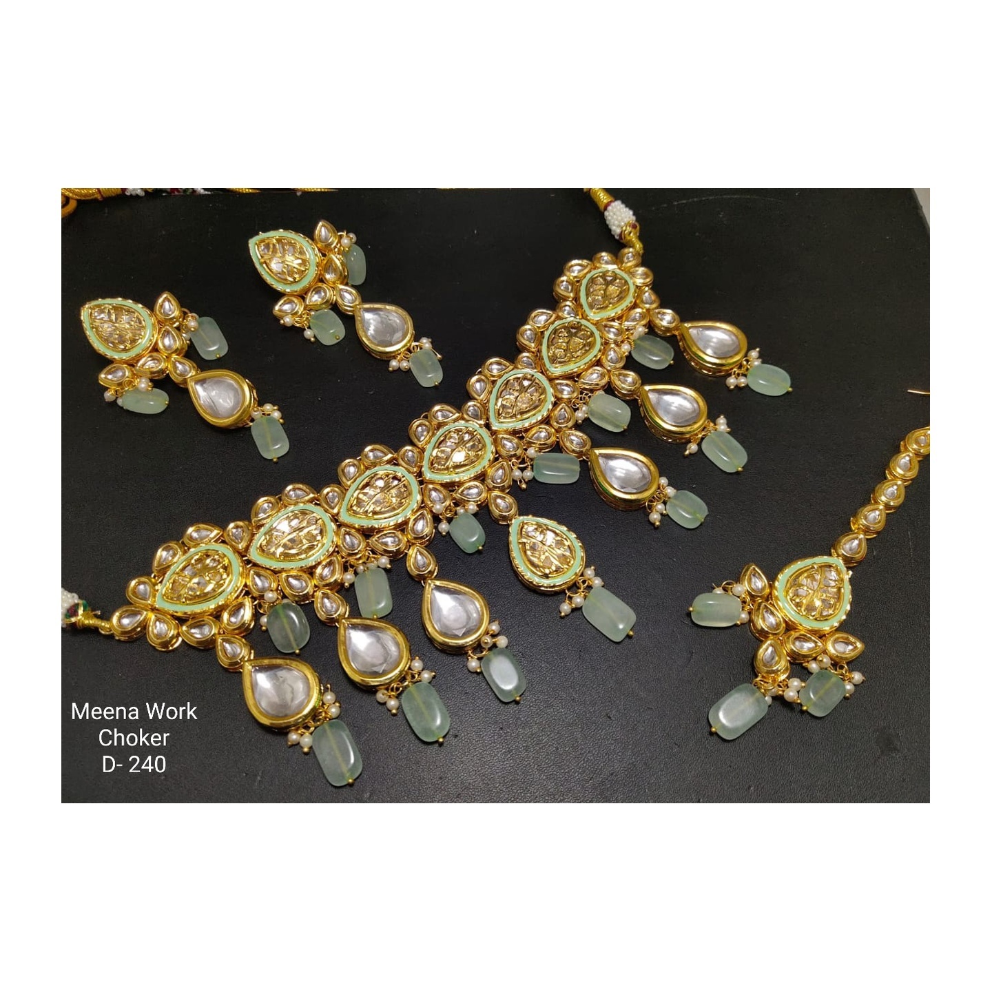 Kundan Choker Necklace Set With Earring ,Tikka See Green Onyx Stone