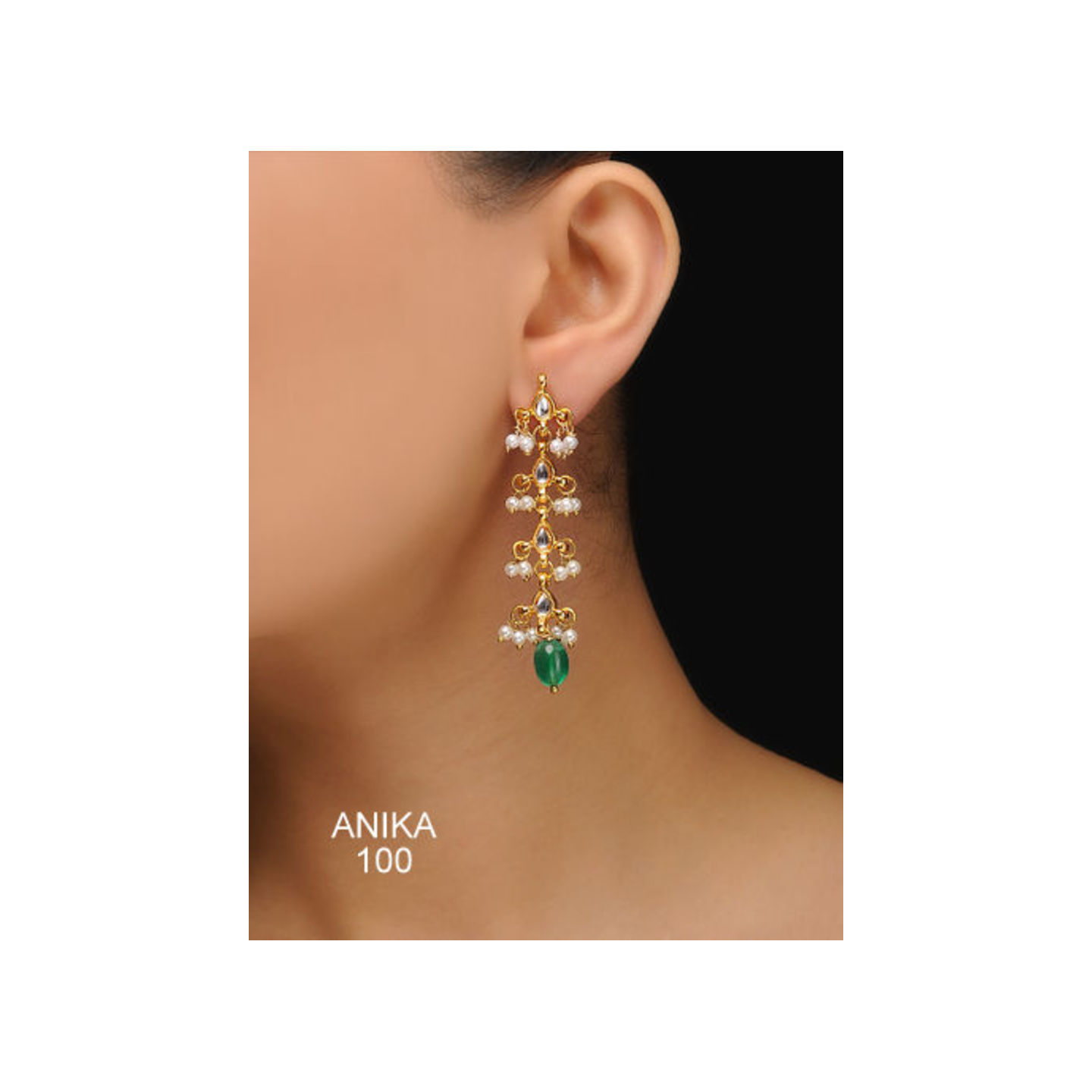 Kundan Earring 0262 White Onyx Pearl &Green Stone