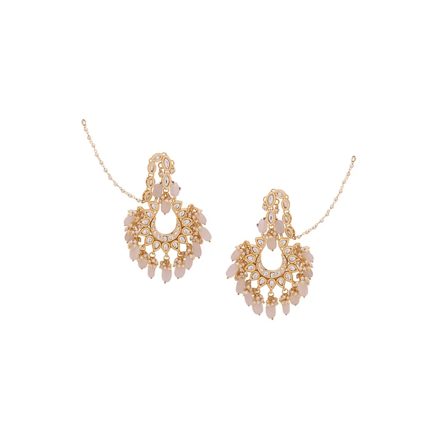 White Gold Tone Kundan Earring With Ear Chains