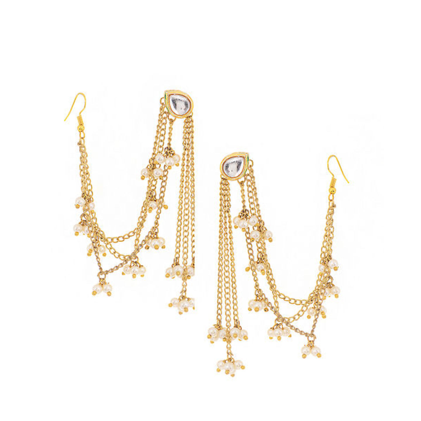 Gold Tone Kundan Inspired Earrings with Hair Chain