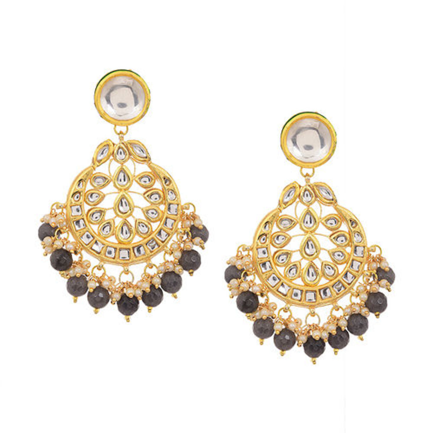 Black Gold Tone Kundan Earrings with Pearls