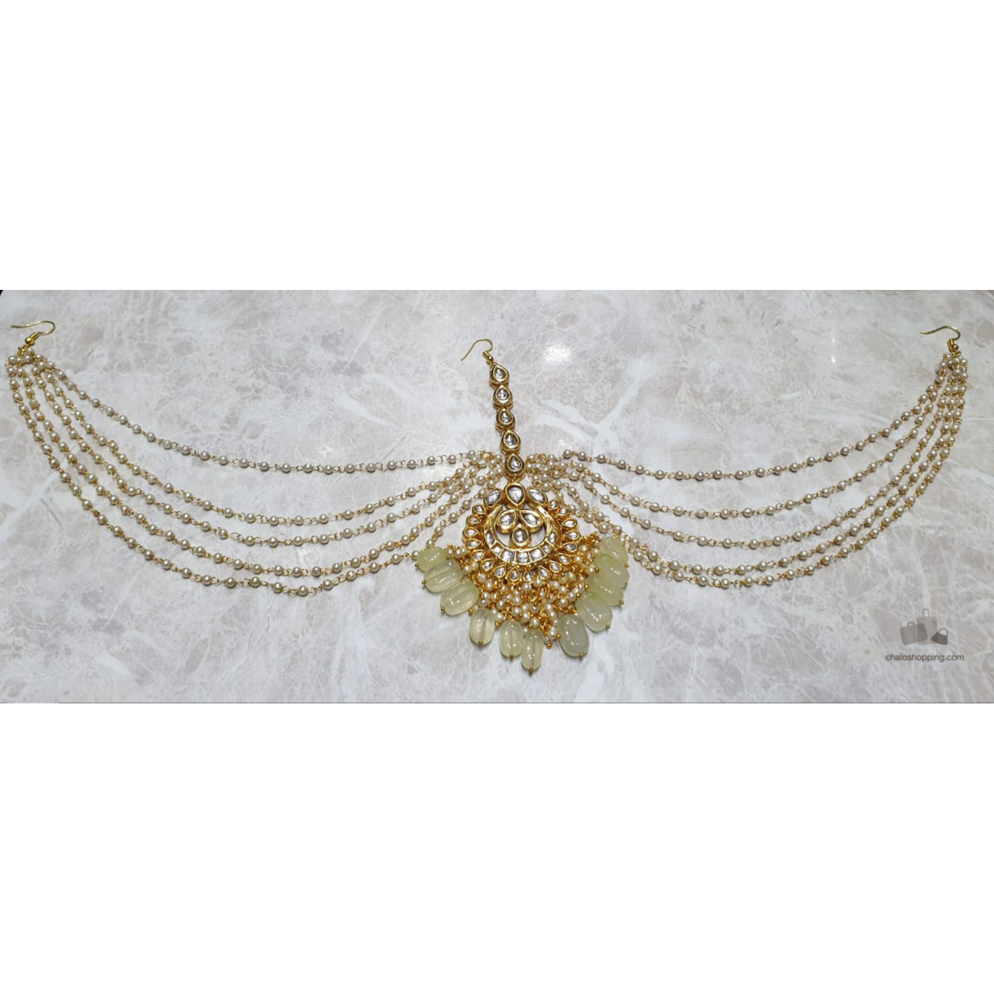 Kundan Inspired Onyx Stones Mathapatti (Color: Pale Yellow)