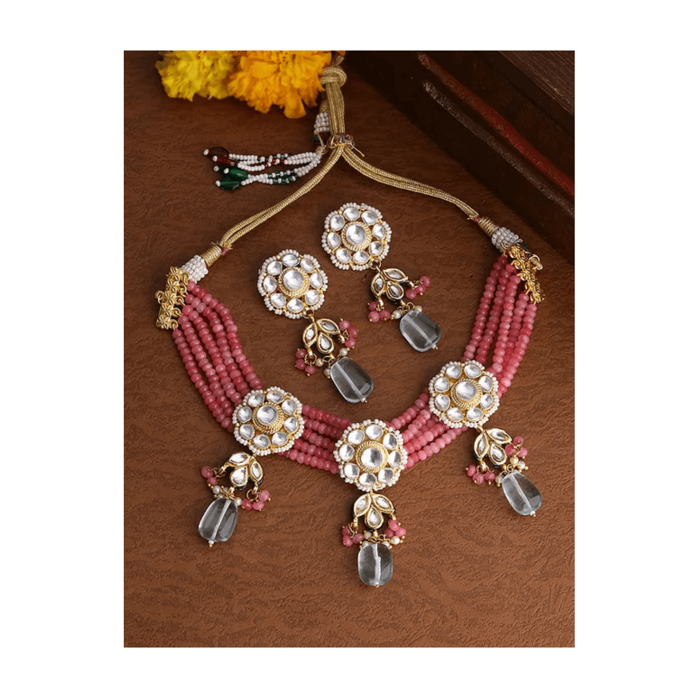 Pink Gold Tone Kundan Beaded Necklace With Earring