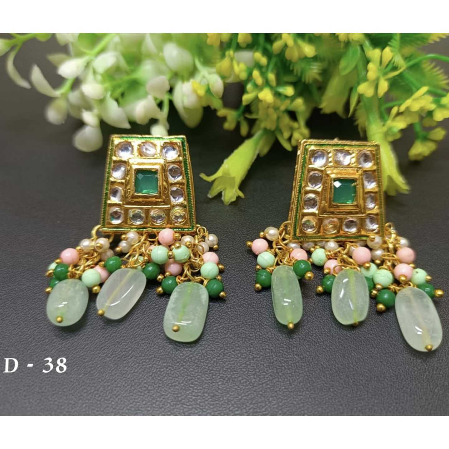 See Green Gold Tone Kundan Earring