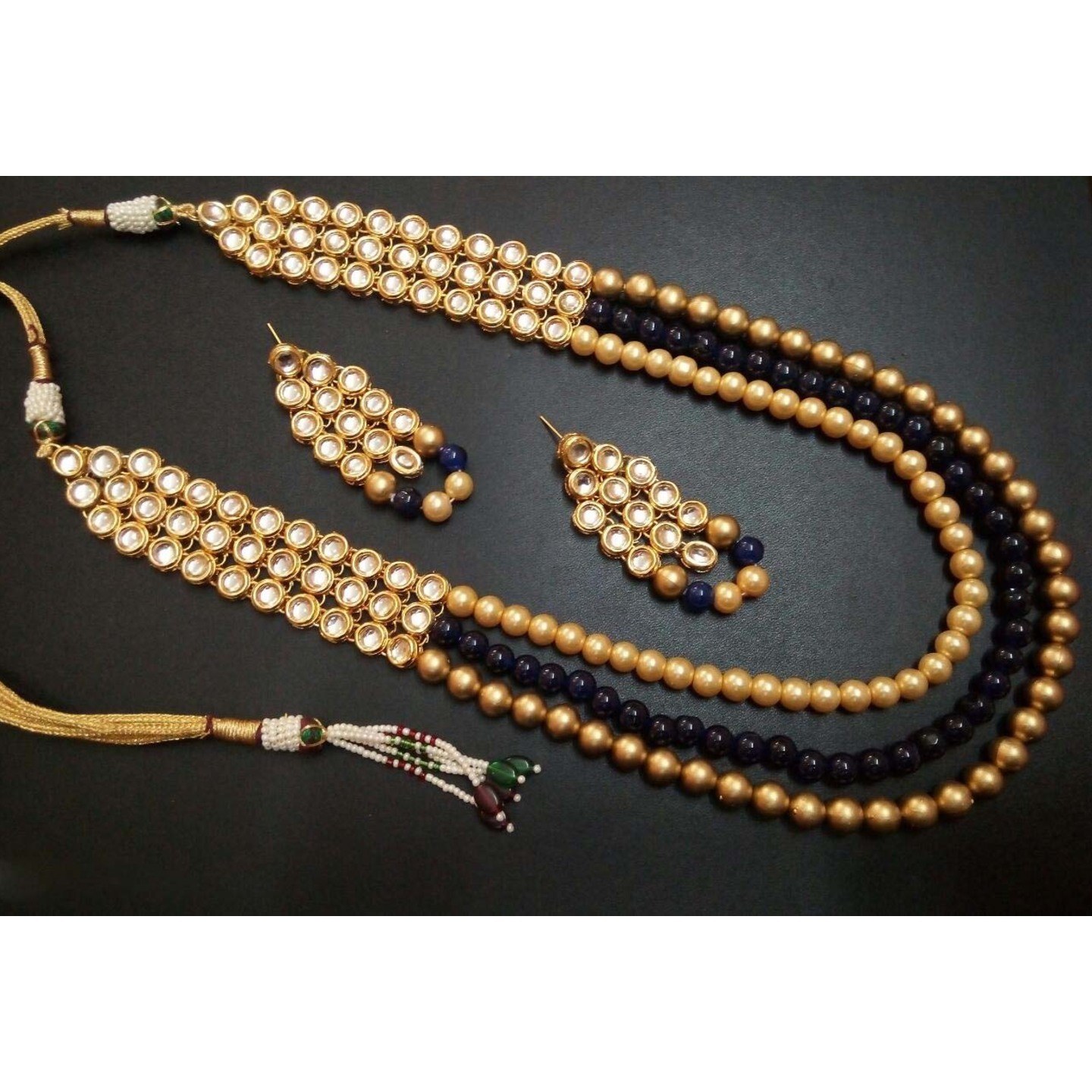 Gold Tone Black Kundan Necklace Set With Earring Onyx Pearls