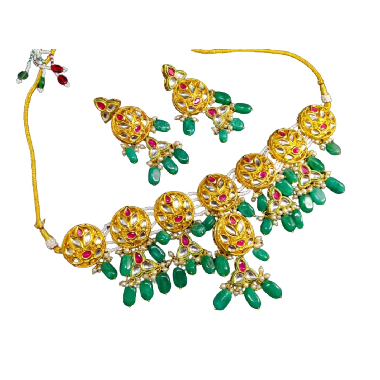 Gold Tone Kundan Necklace Set With Earring Green Onyx Stone