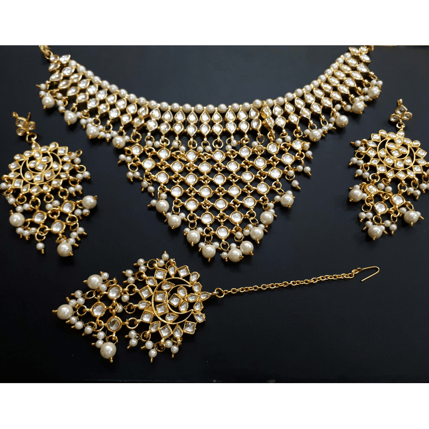 Gold Tone Kundan Necklace Set With Earring Tikka Onyx Pearls
