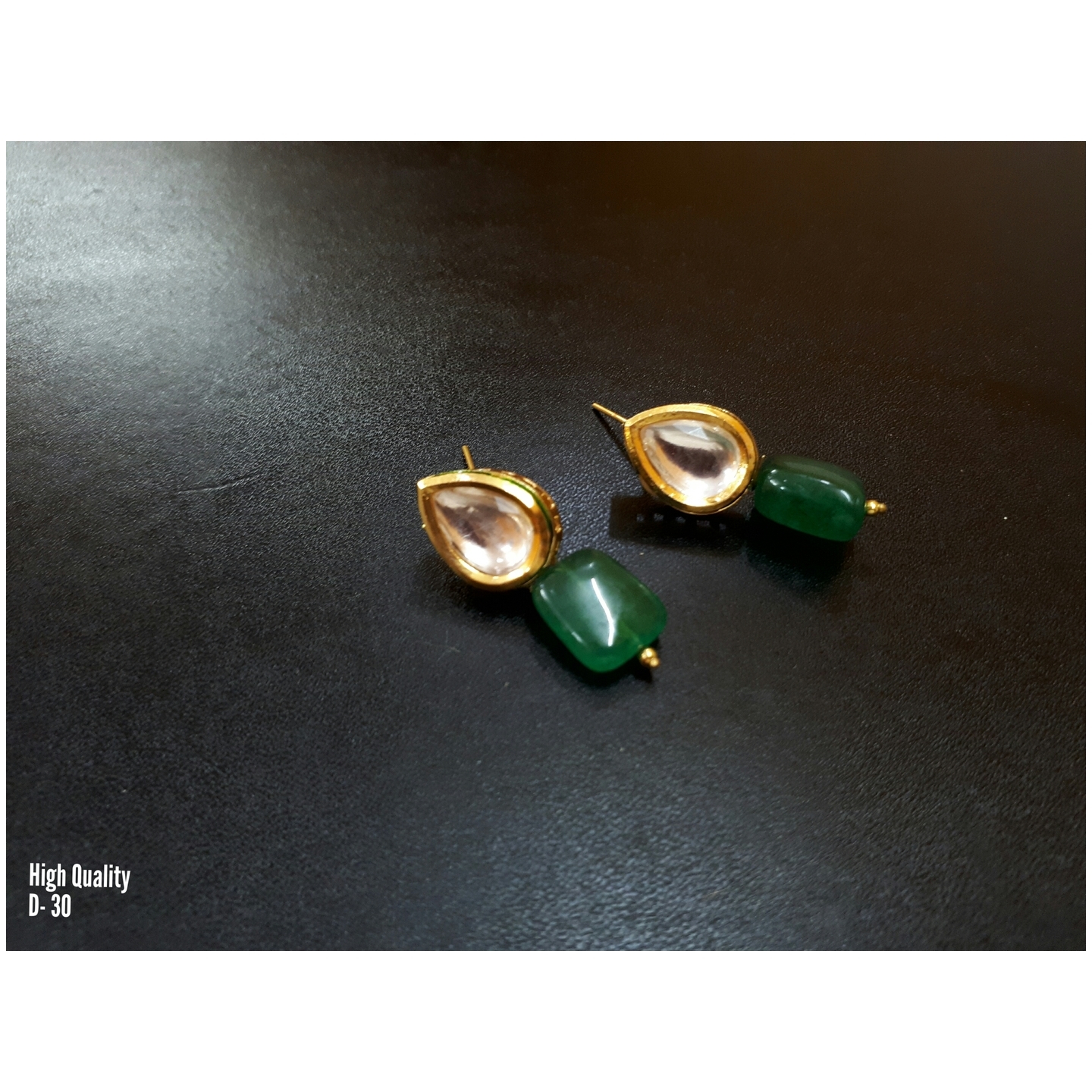 Gold Tone Kundan Earring Green Stone