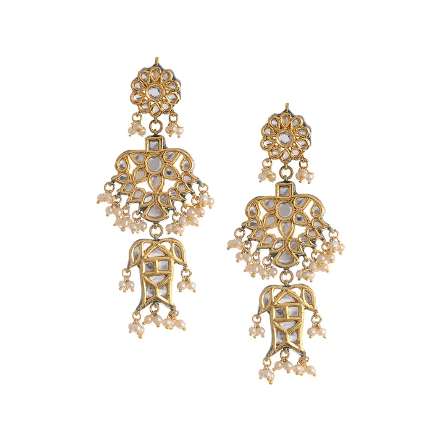 Gold Tone Kundan Earrings With Pearls