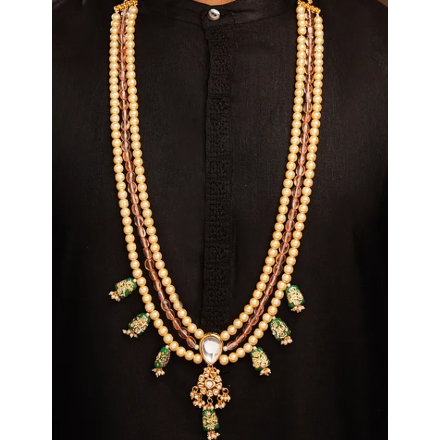 Pink Green Gold Tone Kundan Beaded Necklace With Pearls For Men