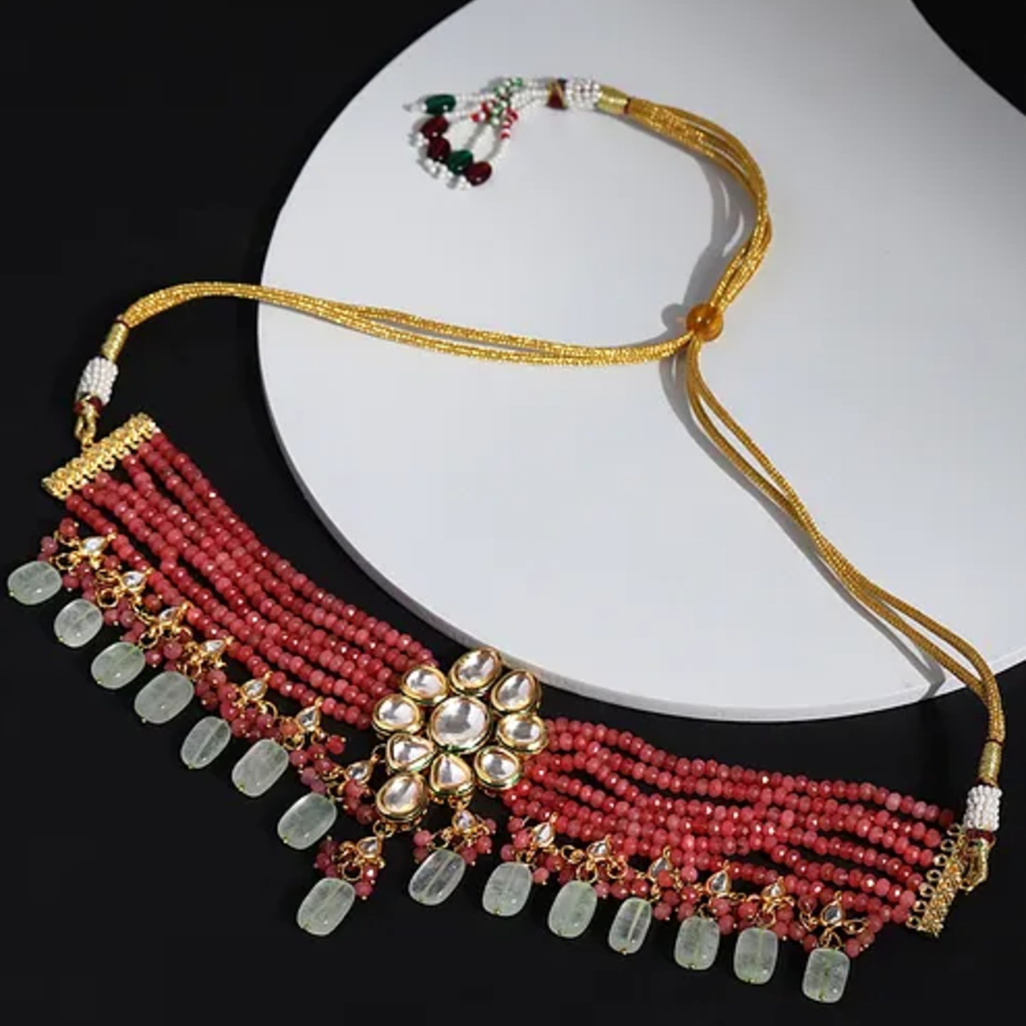 Pink Green Gold Plated Kundan Choker Necklace