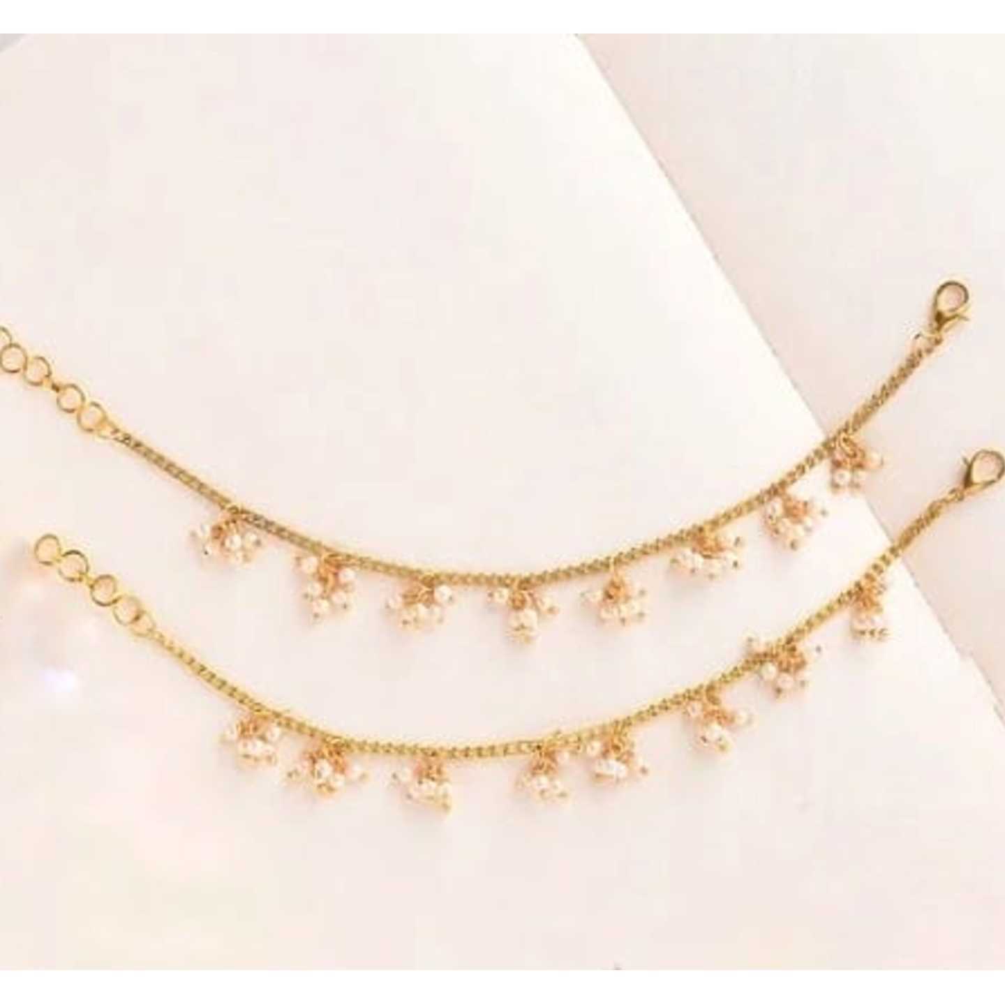 Gold Tone Beaded Kundan Anklets With Pearls