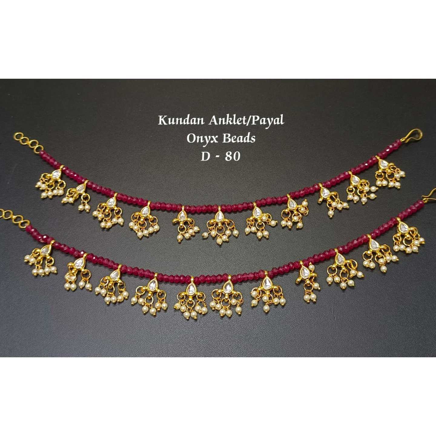 Ruby Maroon Gold Tone Kundan Anklet Onyx Pearls