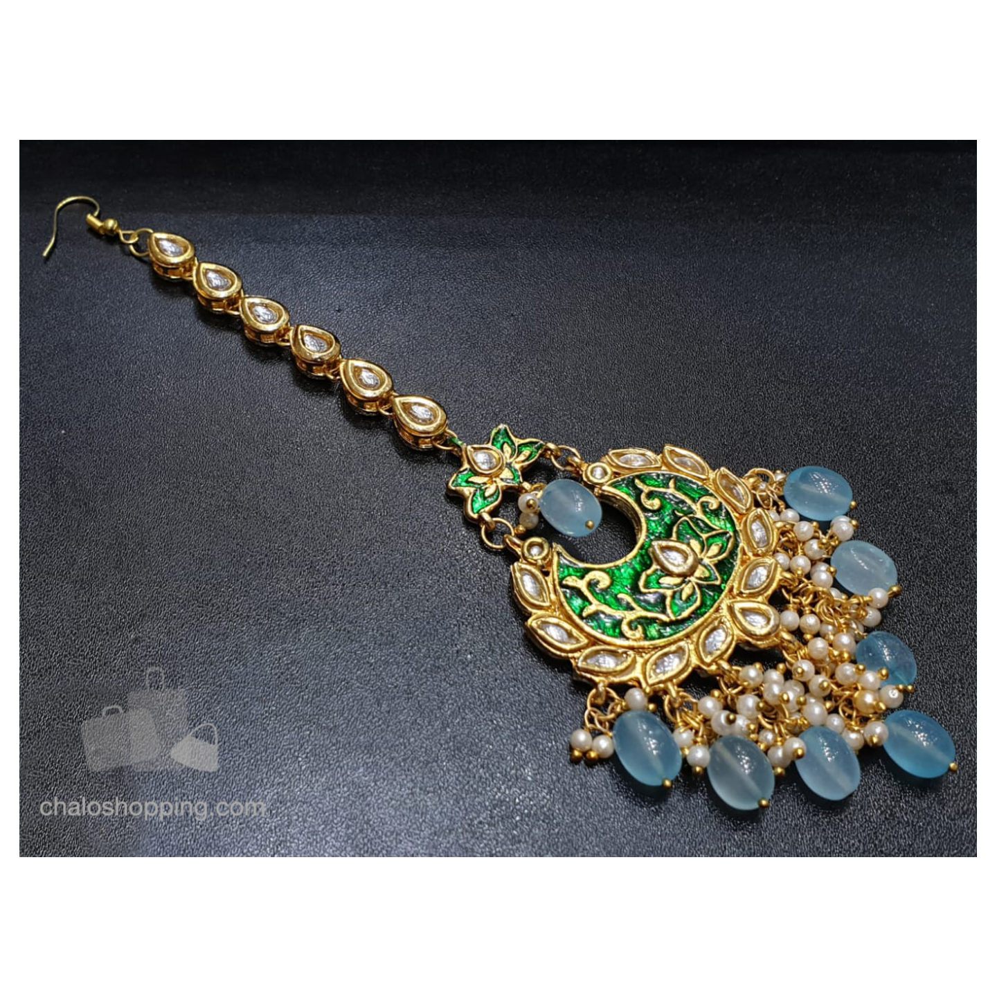 Sky Blue Stone Green Meenakari Kundan Tika