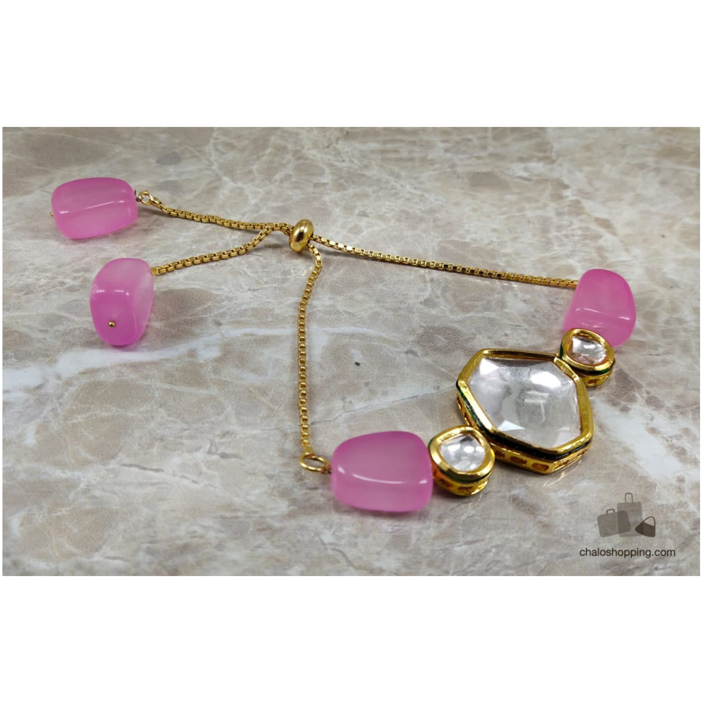 Onyx Stone Kundan Chain Bracelet - Baby Pink