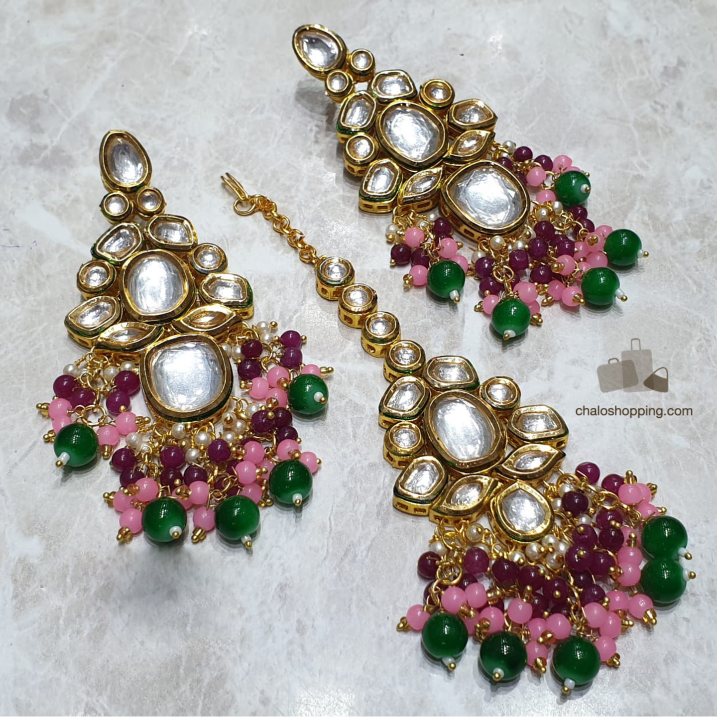 High Quality Kundan Onyx Stone Earring and Tika Set