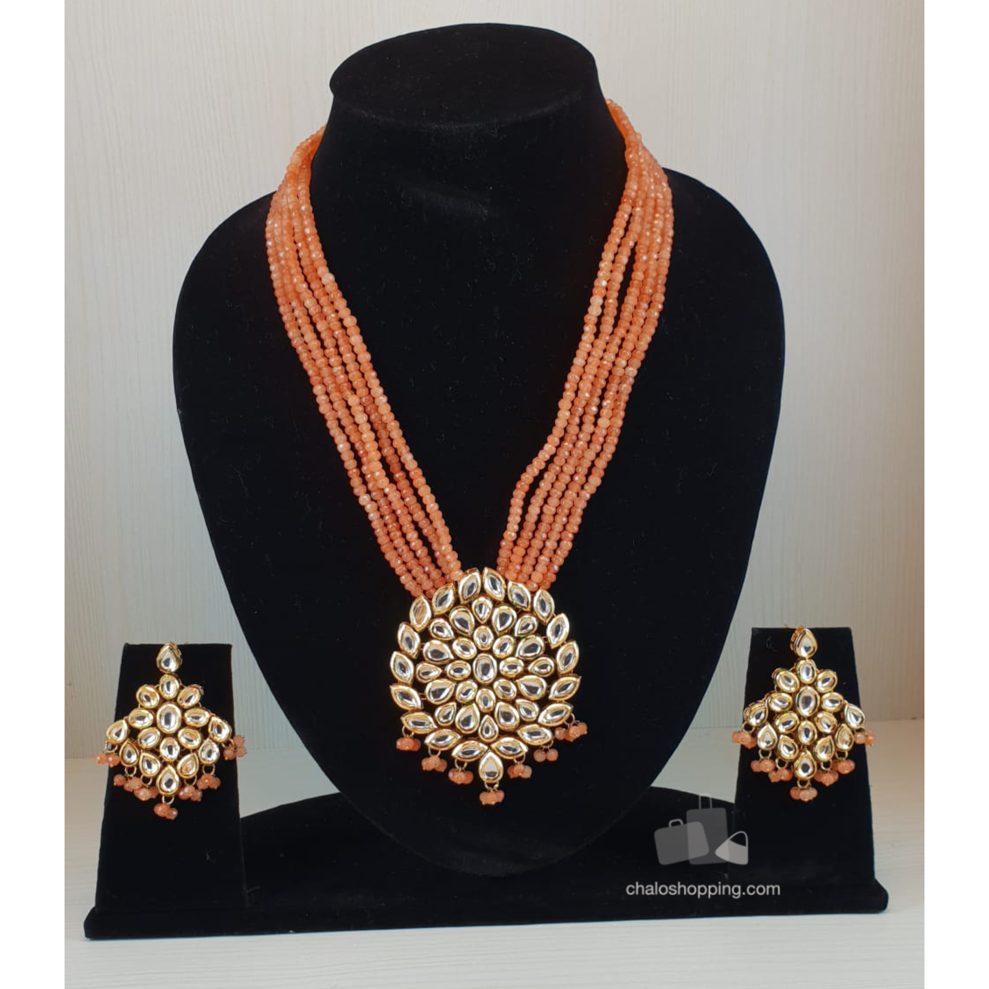 Orange Onyx Neckline Kundan Inspired Necklace Set
