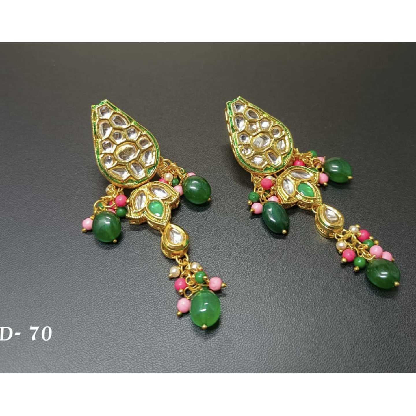 Gold Tone Kundan Earring With Green Onyx Pearls