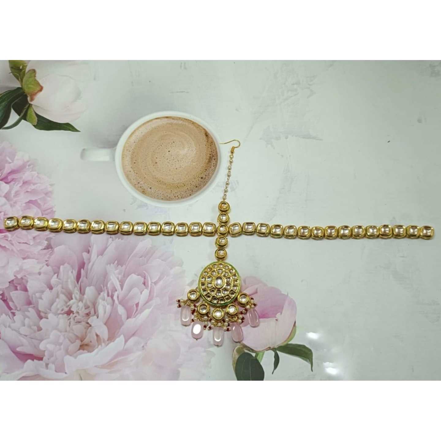 Pink Gold Tone Kundan MathaPatti Onyx Stone