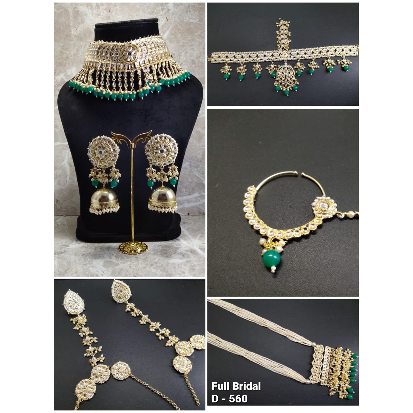 High Quality Kundan Polki Full Bridal Set with Green Onyx Stones