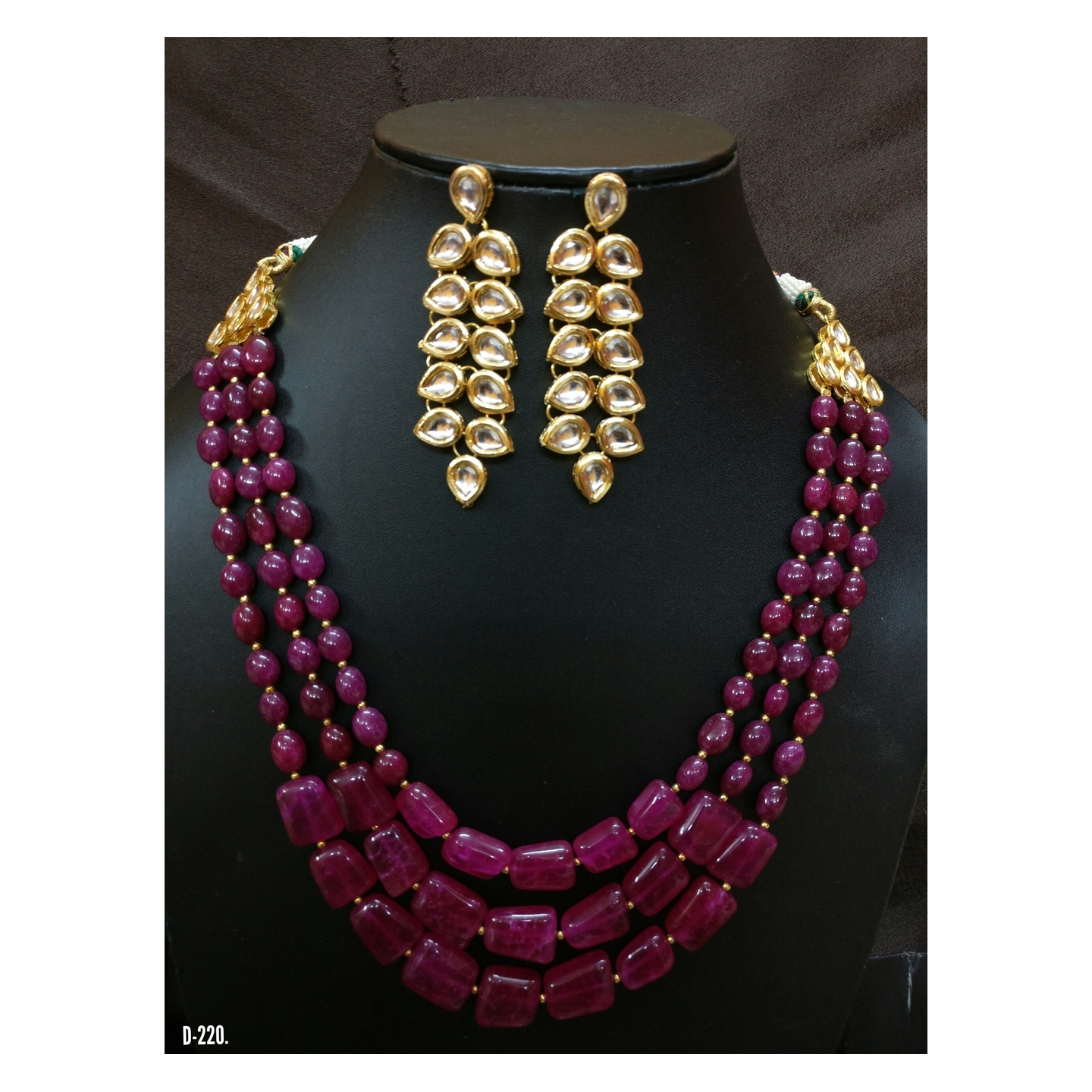 Kundan Long Necklace Set With Earring Maroon Onyx Stone