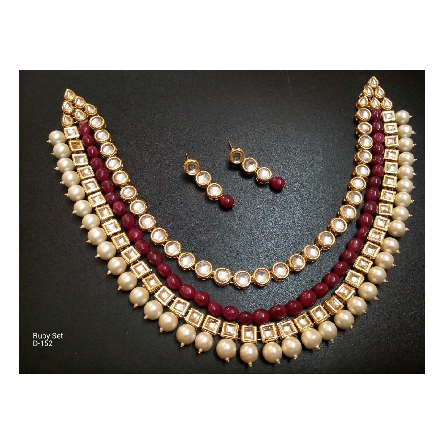 Multi Layer Ruby Onyx Pearl Kundan Necklace Set With Earring