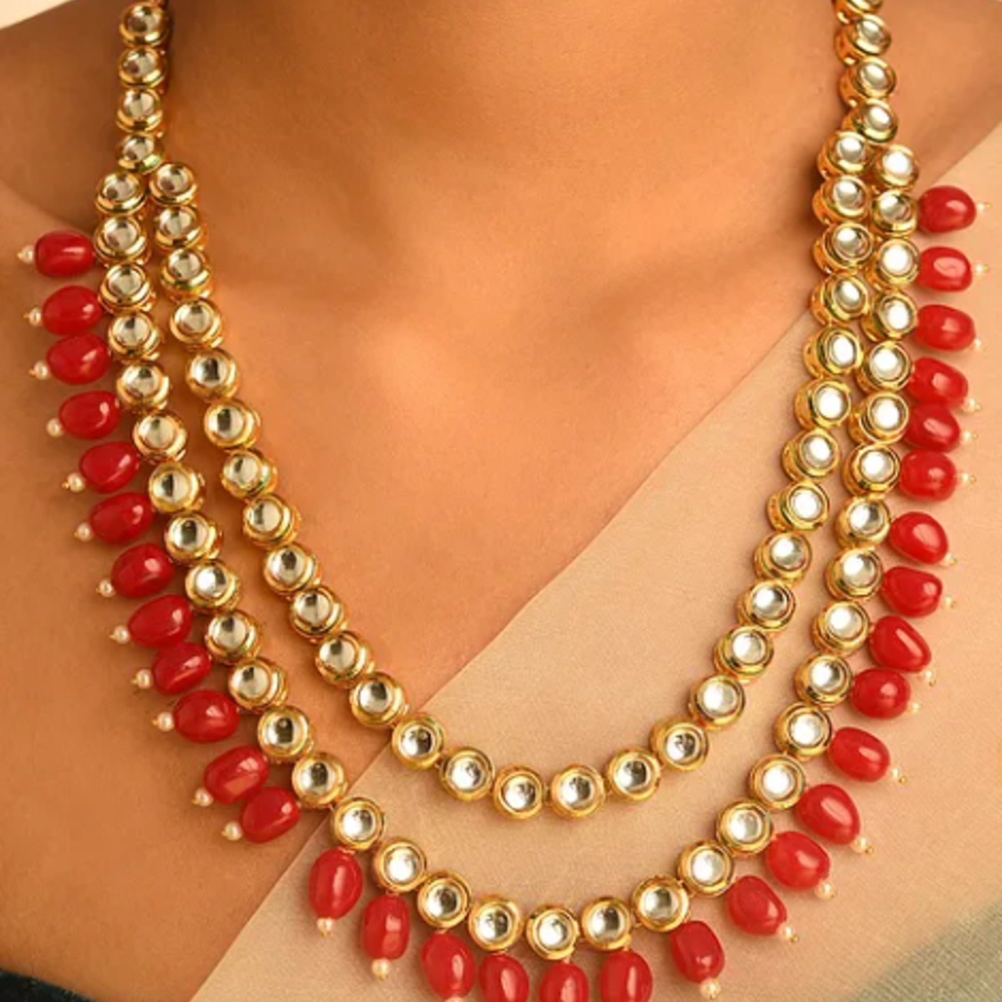 Red Gold Tone Kundan Necklace Set With Earring Pearls 