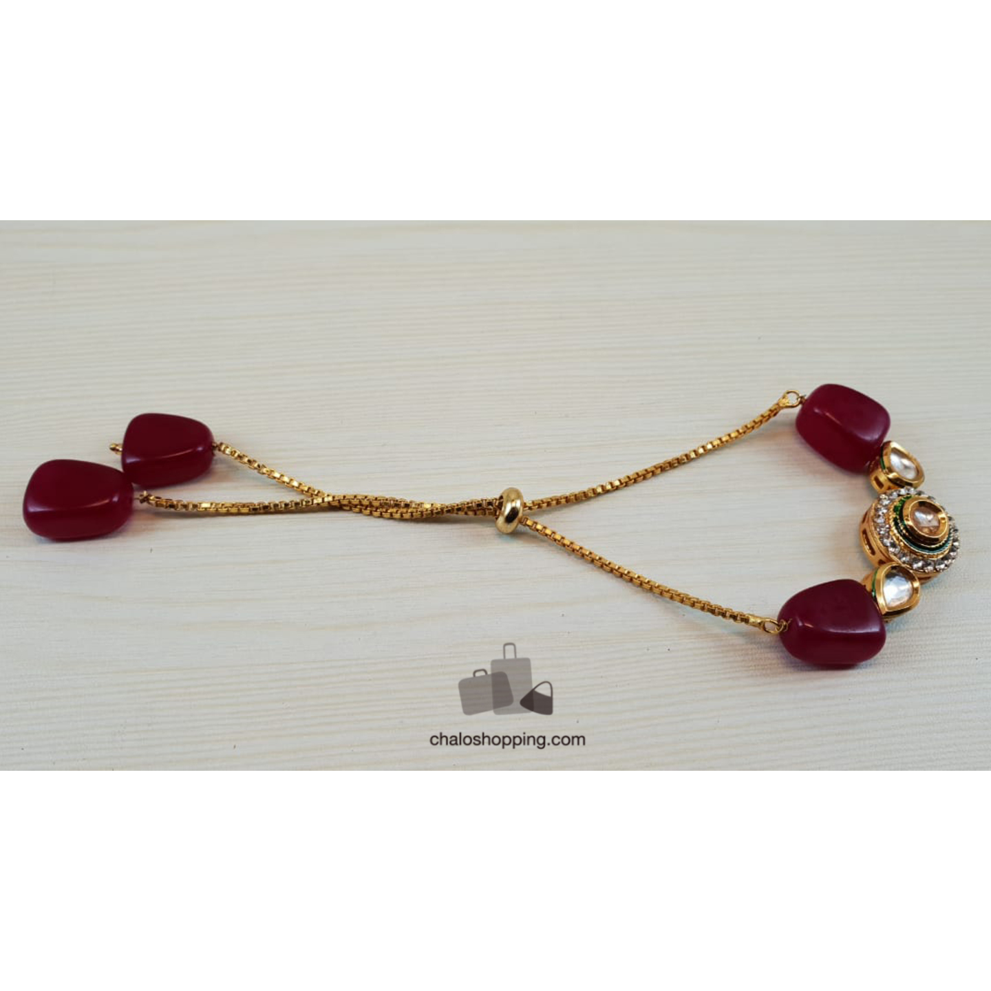 Onyx Stone Kundan Chain Bracelet - Maroon