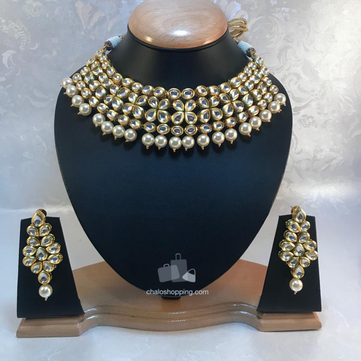 Kundan Inspired High Quality Faux Pearl Semi Bridal Necklace Set