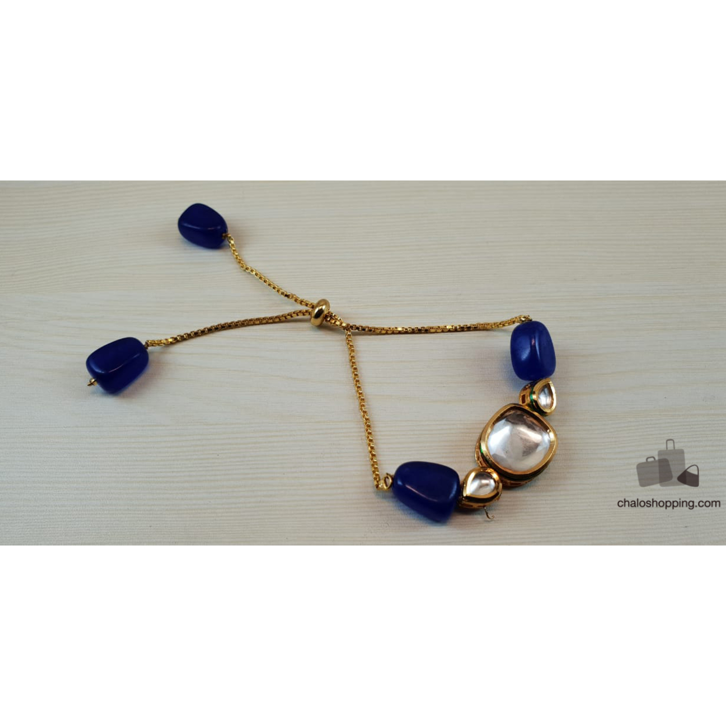 Onyx Stone Kundan Chain Bracelet - Blue Agate