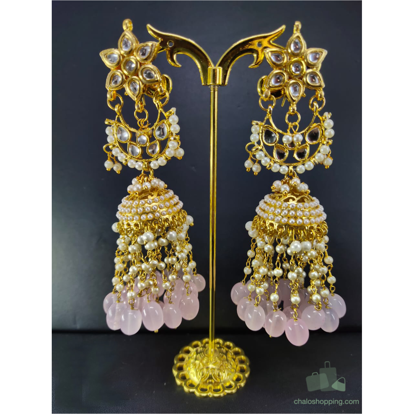  Kundan Inspired Onyx Stone Tassel Jhumki Baby Pink Color