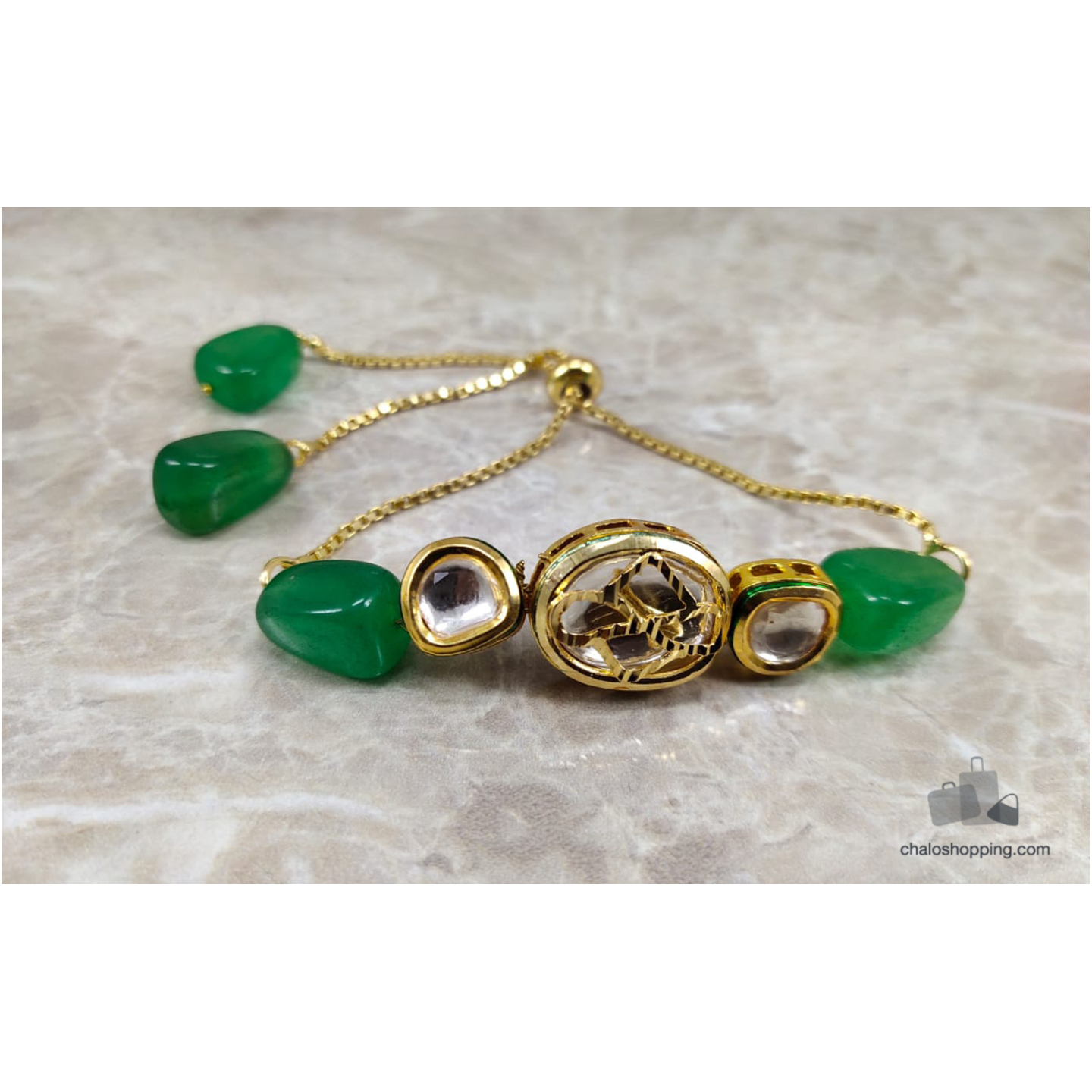 Onyx Stone Kundan Chain Bracelet - Green