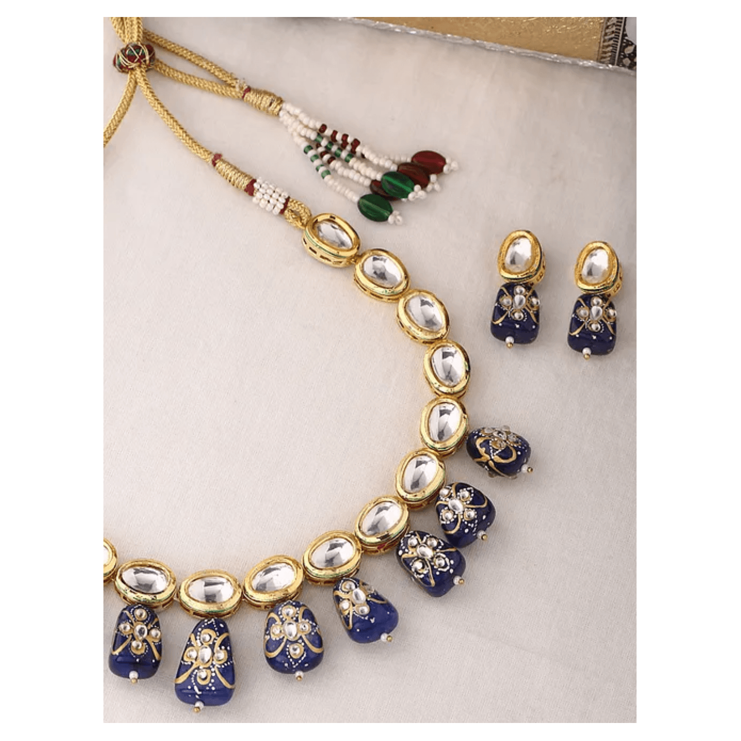 Blue Gold Tone Kundan Necklace With Earring