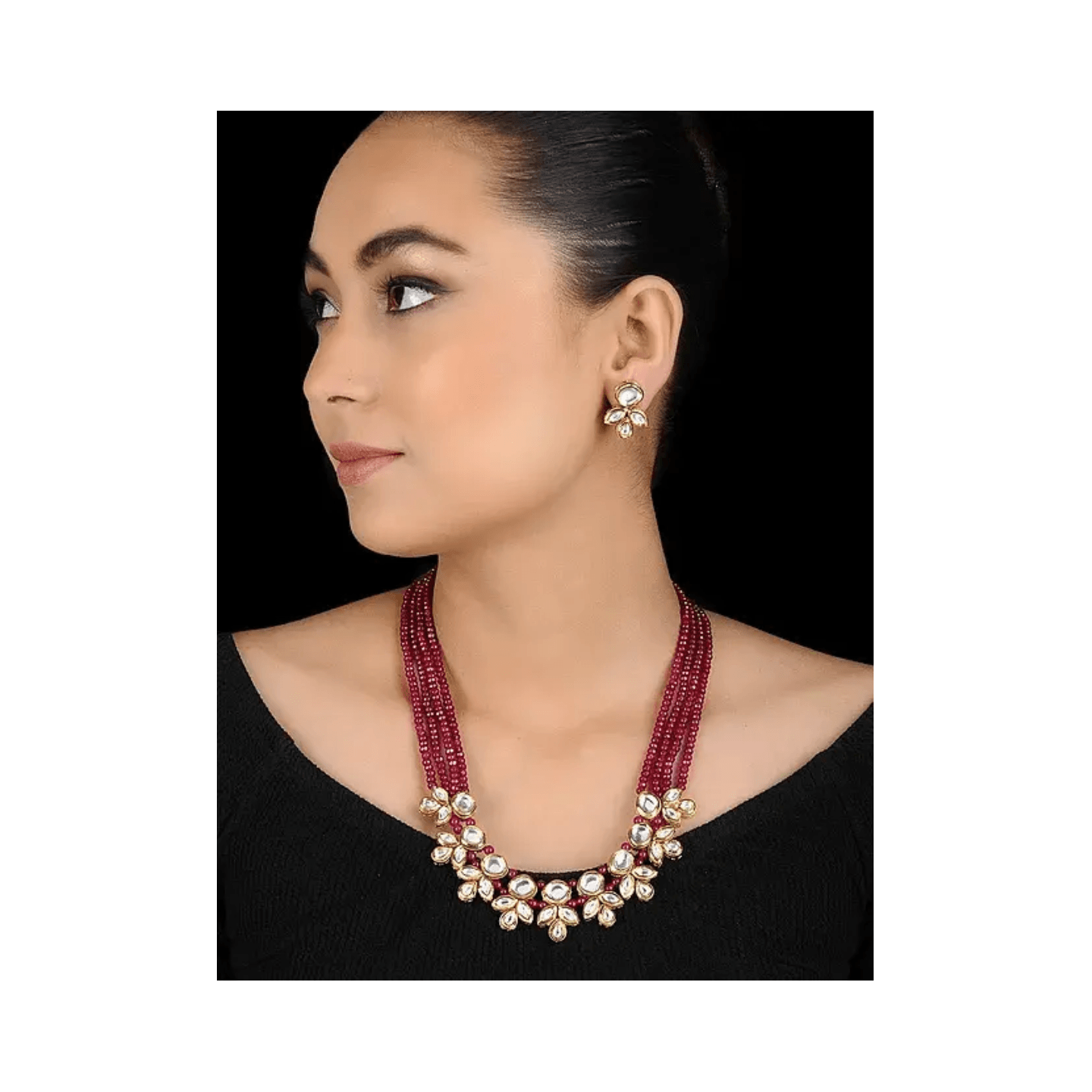 Red Gold Tone Kundan Inspired Onyx Necklace With Earring