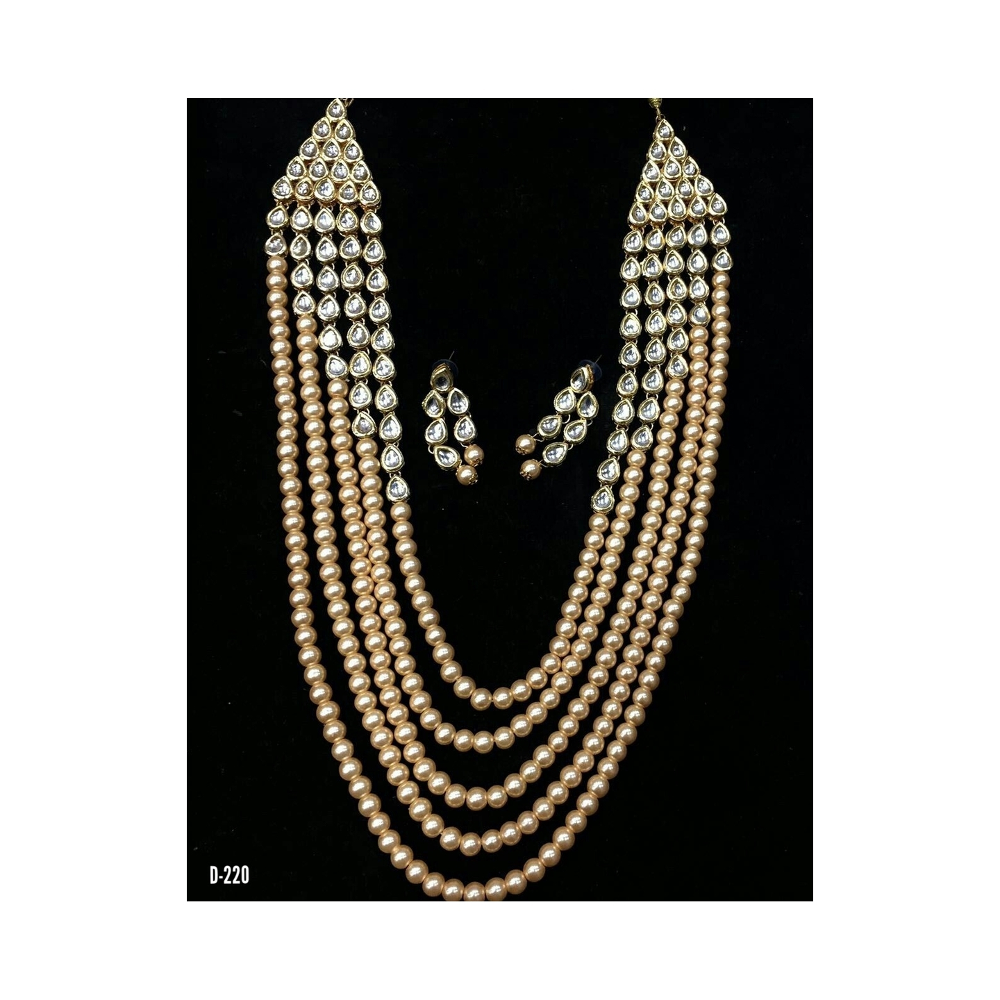 Multi Layer Kundan Necklace Set With Earring Golden Pearl