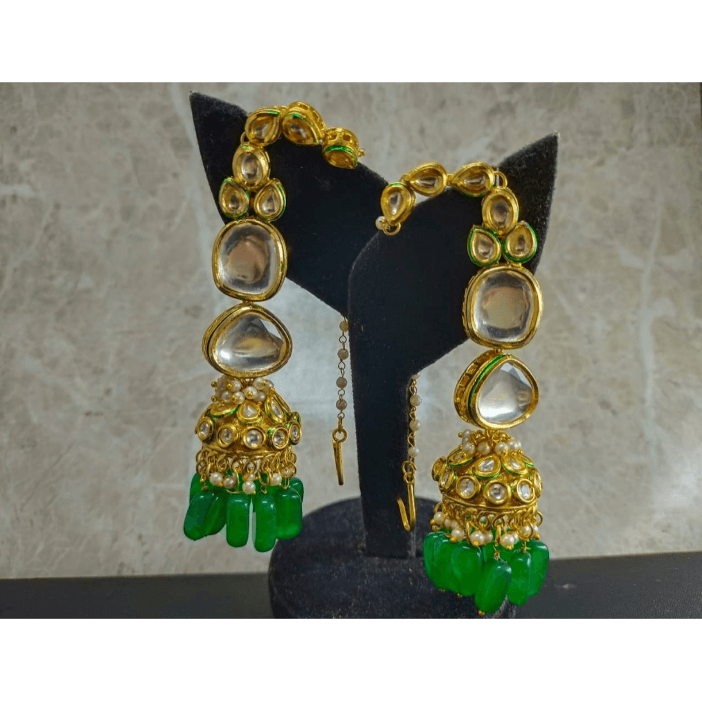 Gold Tone Kundan Earring Light Green Stone With Chain