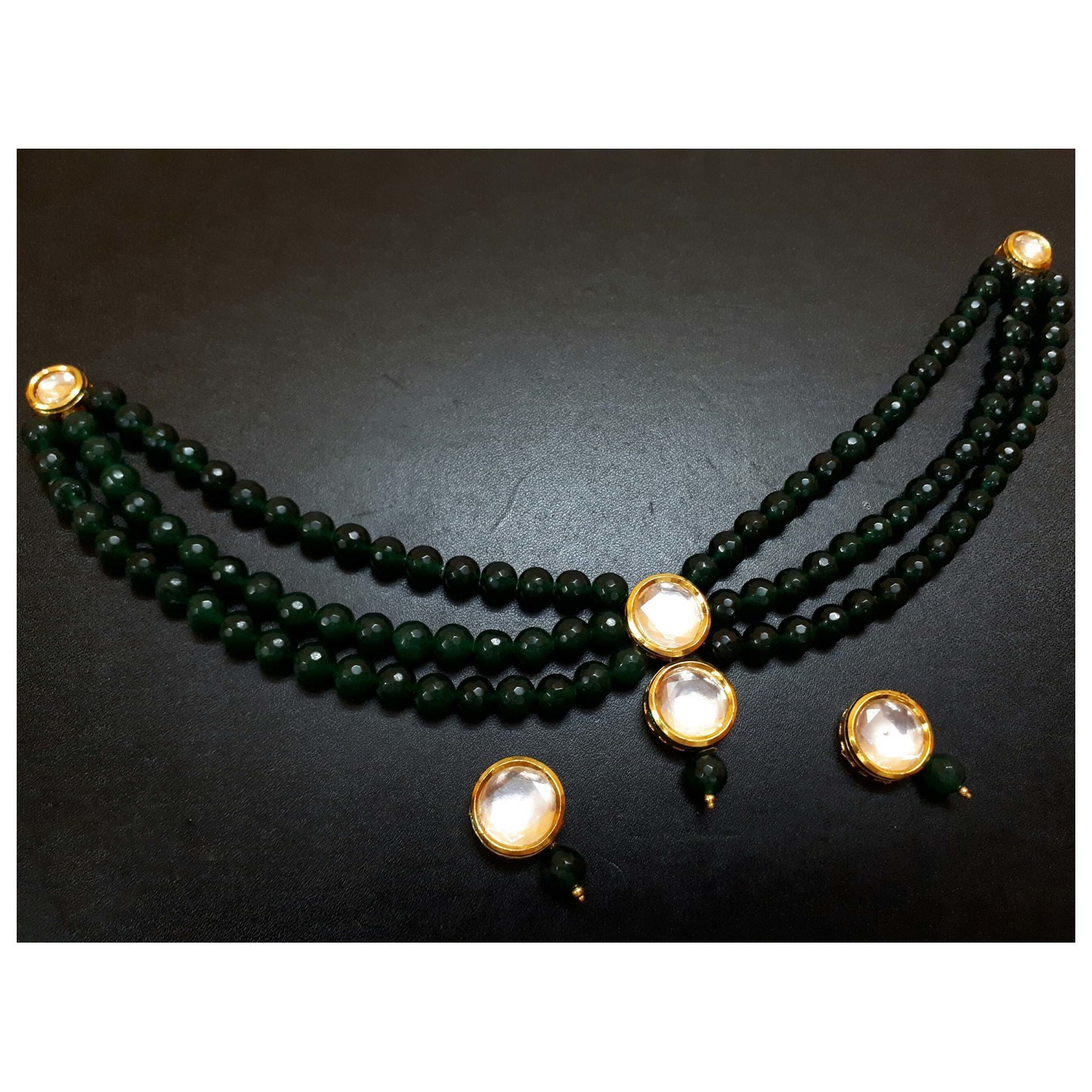 Green Gold Tone Kundan Triple Layer Necklace Set With Earring Onyx Pearls