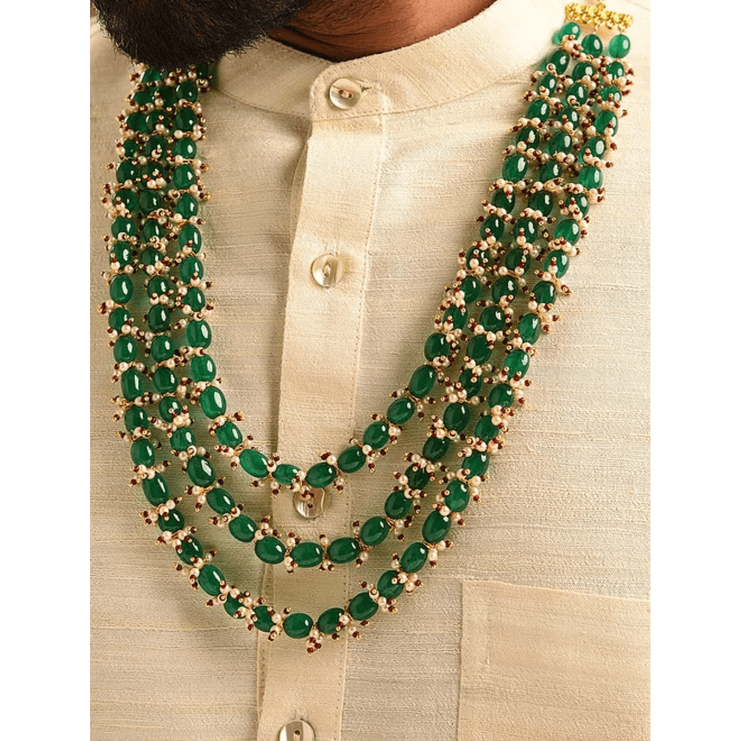 Green Beaded Layered Necklace for Men