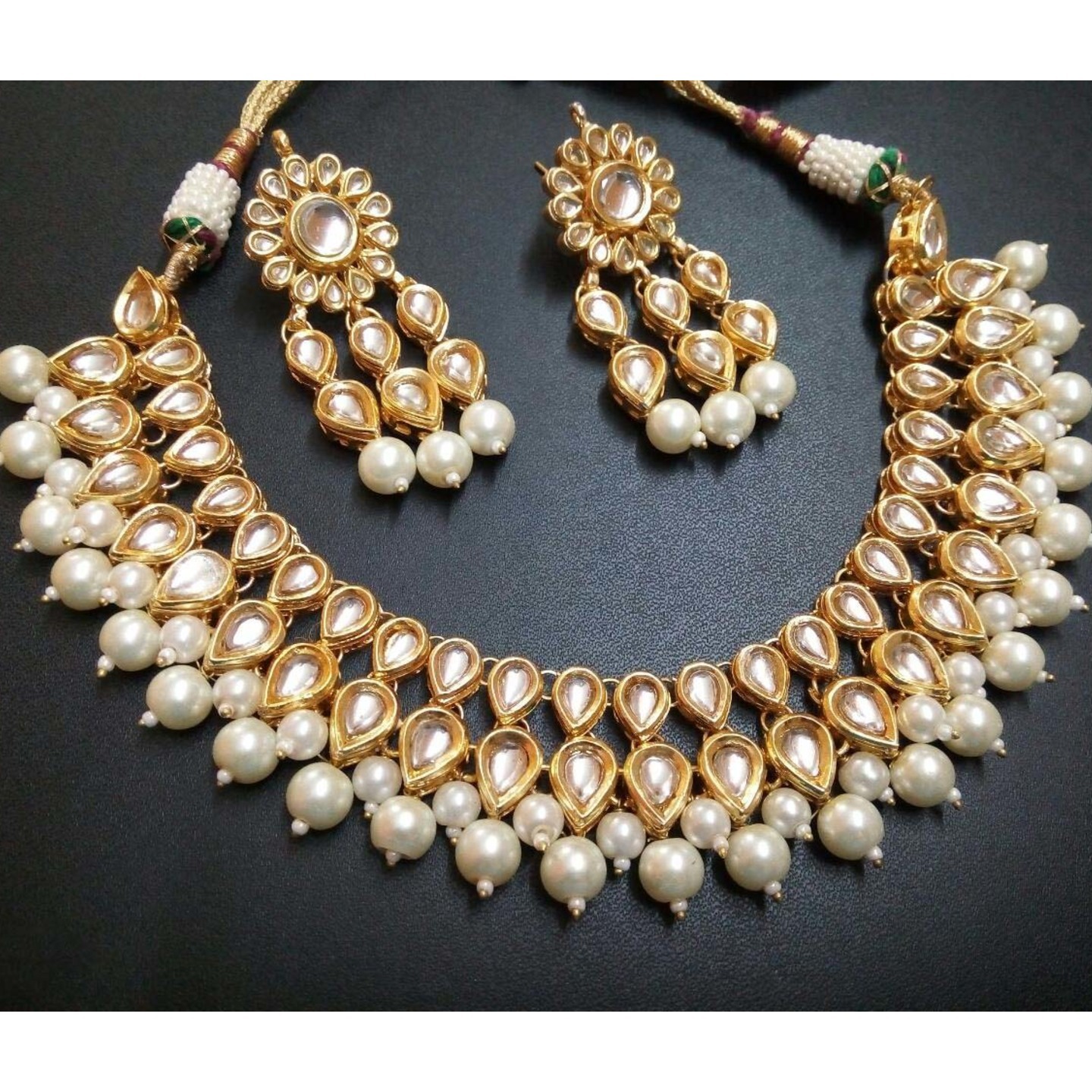 Gold Tone Kundan Necklace Set With Earring White Onyx Pearls