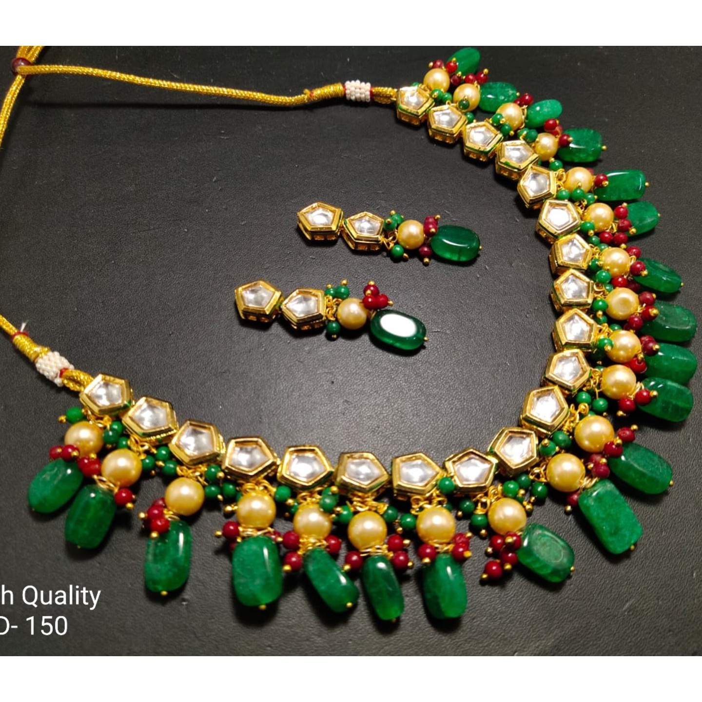 See Green Gold Tone Kundan Necklace With Earring Onyx Pearls