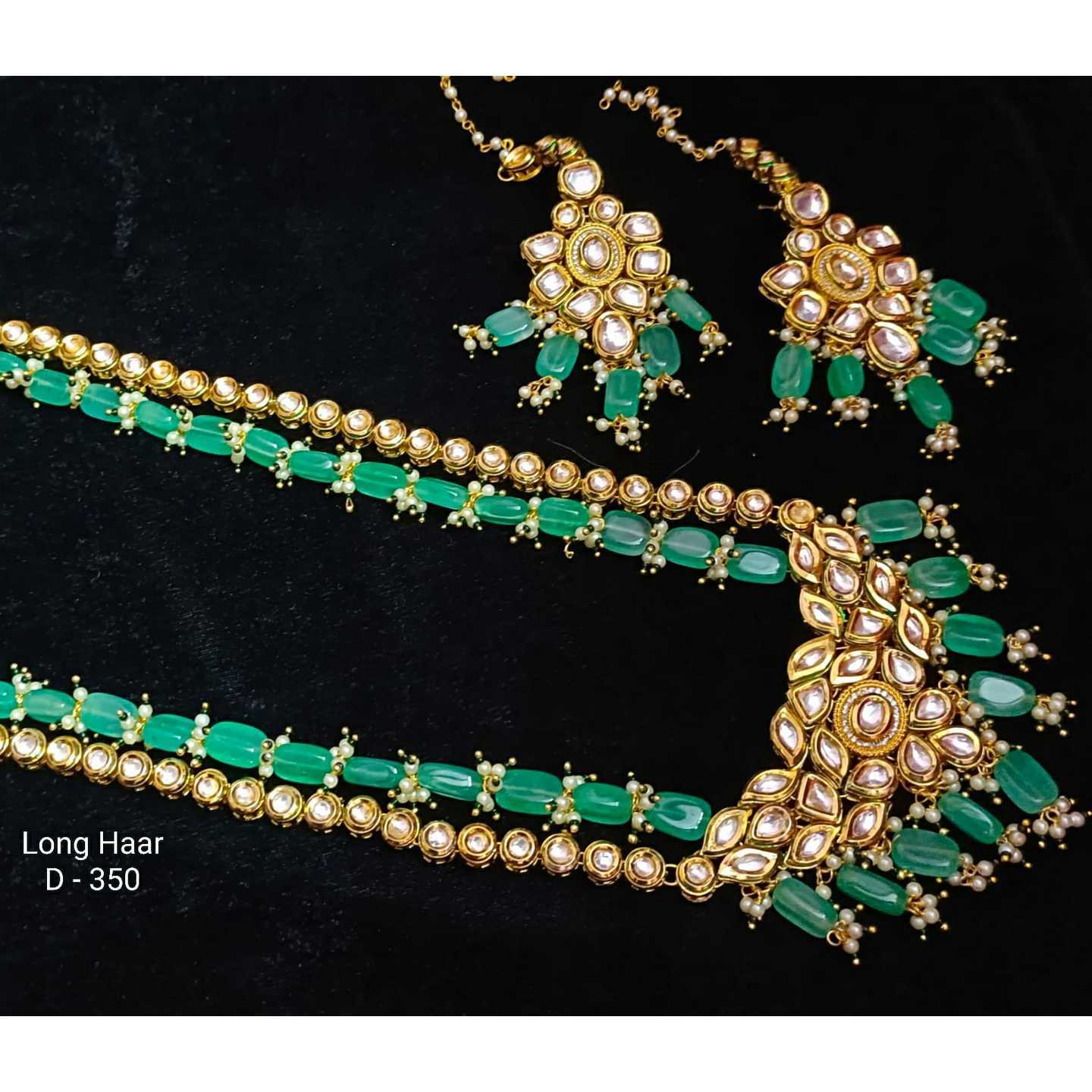 Green Gold Tone Kundan Long Haar Necklace Set With Earring