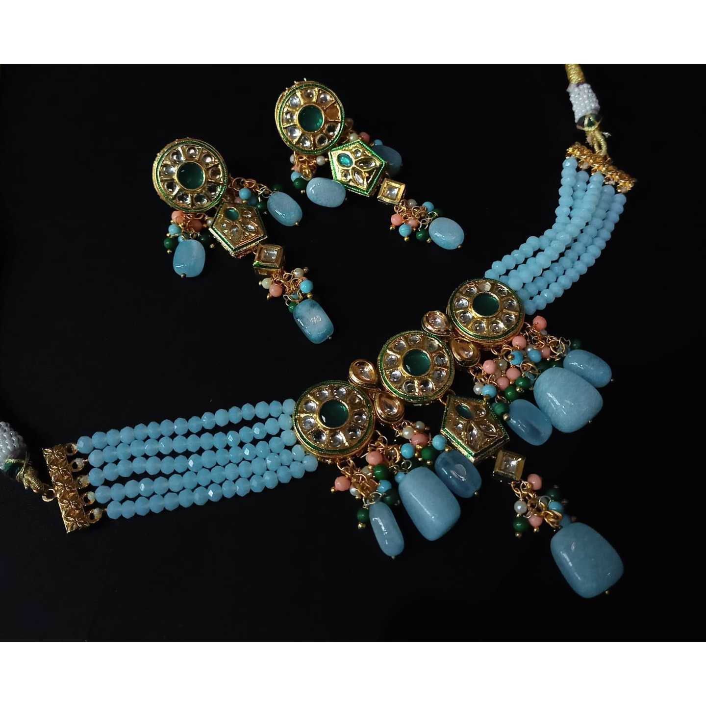 Gold Tone Kundan Necklace Set With Earring Sky Blue Onyx Stone